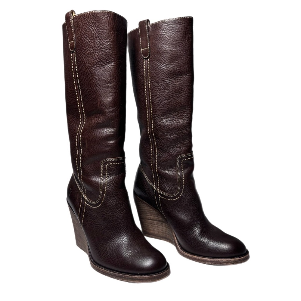 Frye Caroline Campus Boots Women 8 Brown Leather Wedge Heel Western Tall Riding
